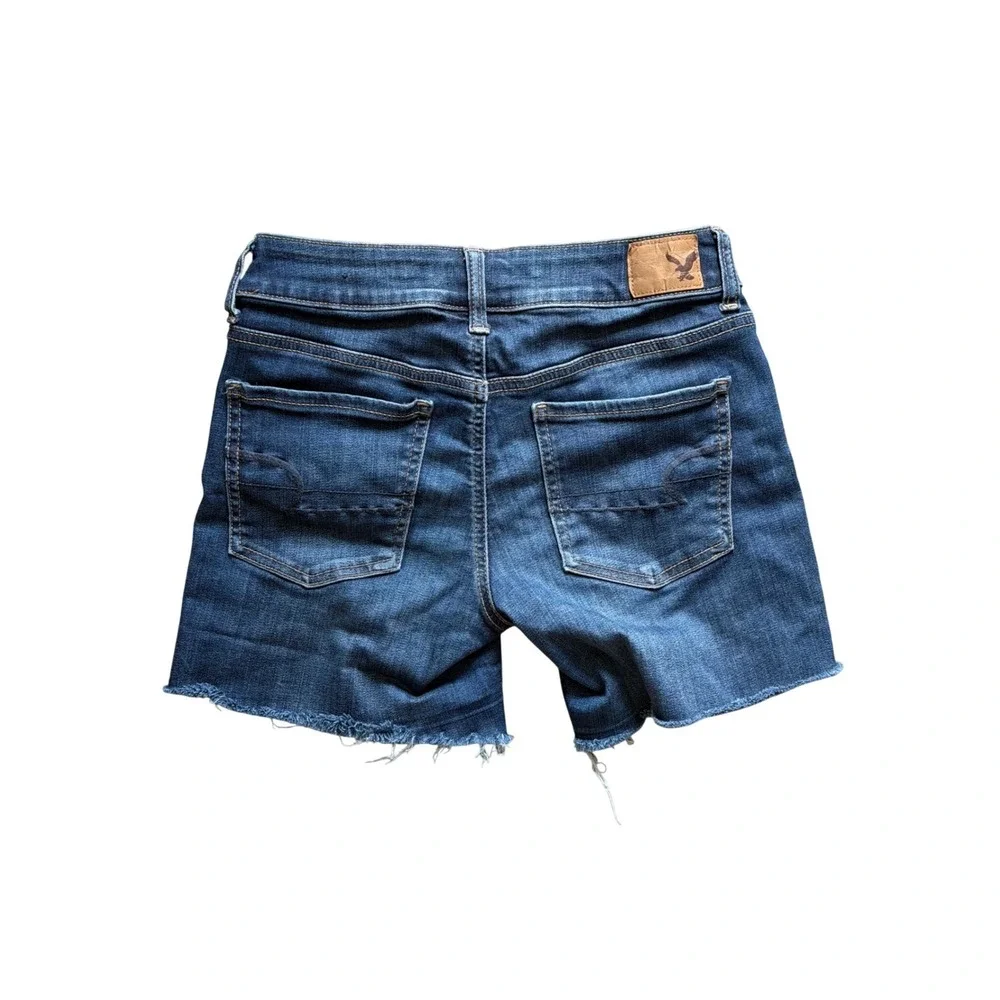American Eagle MIDI Shorts Womens 4 Blue Super Super‎ Stretch Raw Hem Denim
